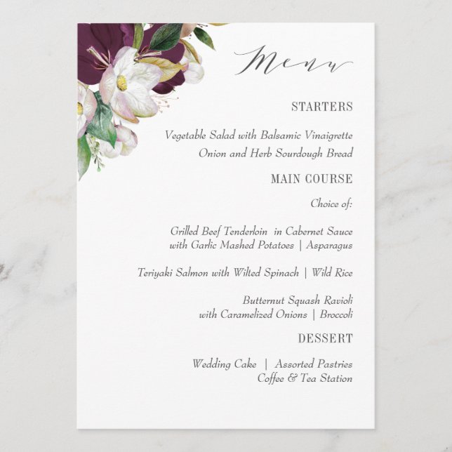 Menu Velvet Magnolia Typographie Mariage ou dîner (Devant)