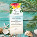 Menu Vents des iles | Tropical Beach Palm Flower Mariag<br><div class="desc">Le menu mariage à thème de l'île tropicale comprend un arrière - plan de plage abstrait avec une bordure de palmiers d'aquarelle et une fleur d'hibiscus feuilles. Côté inverse,  vert mer/bleu aqua. Parfait pour la destination,  la plage et les thèmes côtiers. Oeuvre de KL Stock.</div>