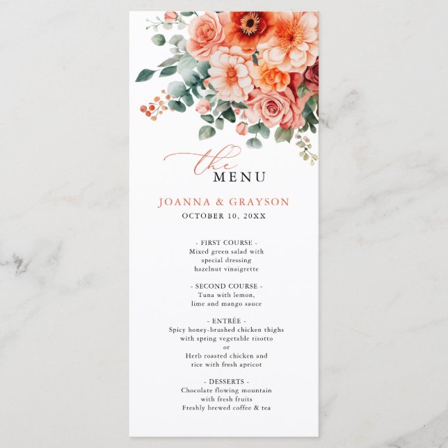Menu Verona Sunset Bright Orange Moderne Mariage Floral (Devant)