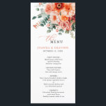 Menu Verona Sunset Bright Orange Moderne Mariage Floral<br><div class="desc">Célébrez votre journée spéciale avec ce menu de mariage élégant,  avec une belle aquarelle design floral dans des tons doux pêche,  corail,  et roux. Parfait pour un thème romantique et inspiré du jardin. Pour la personnalisation ou des produits supplémentaires avec ce design,  n'hésitez pas à me contacter.</div>
