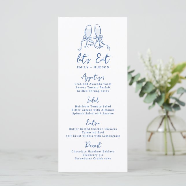 Menu Verres à Cheers dessinés à la main Bleu Mariage Fa (Debout devant)