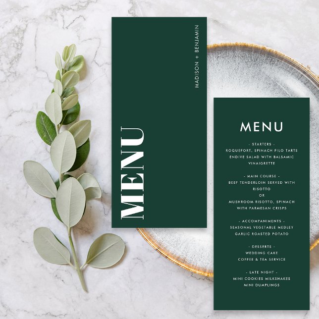 Menu Vert émeraude minimaliste Mariage moderne (Front / Back)