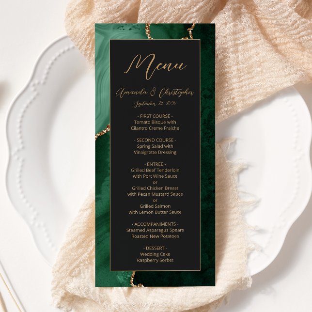Menu Vert émeraude moderne or agate mariage sombre (Créateur téléchargé)