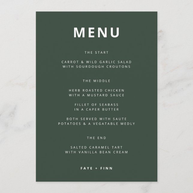 Menu Vert foncé | Mariage moderne minimaliste scandi Mo (Devant)