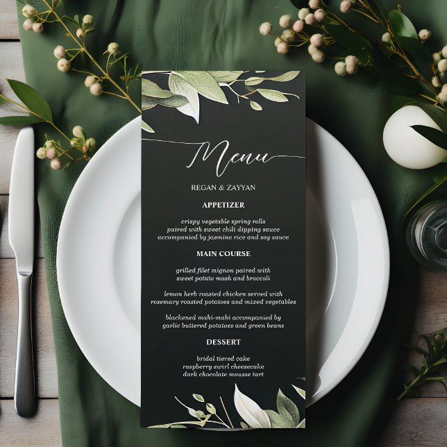 Menu Vert foncé Vert moderne verdure Feuille Mariage (Créateur téléchargé)