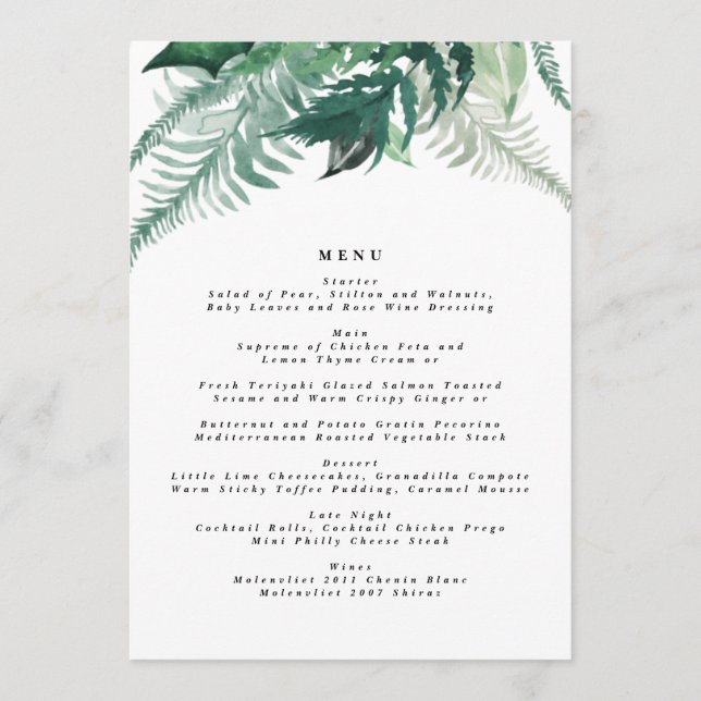 Menu Vert frais Mariage d'aquarelle moderne (Devant)