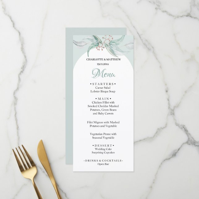 Menu Vert menthe Eucalyptus Aquarelle Peint à la main (Devant/Arrière en situation)