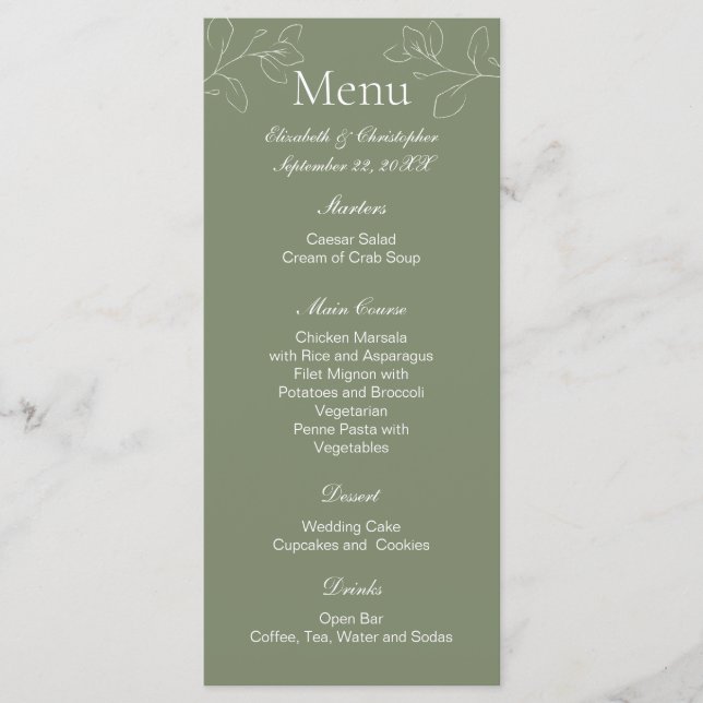 Menu Vert sauge Boho Fleurs blanches Botanique Mariage (Devant)