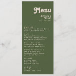 Menu Vibes rétro simples | Dîner Mariage vert olive<br><div class="desc">Cette simple vidéo rétro | menu de dîner mariage vert olive est parfait pour vos classiques tonalités de terre vintage et funky mariage. L'aménagement comprend une police boho rustique hippie minimaliste. La palette neutre de couleurs du désert du sud-ouest et le lettrage bohème terreux du milieu du siècle se combinent...</div>