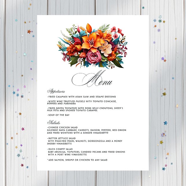 Menu Vibrant aquarelle Floral Fiesta Mariage (Vibrant Watercolor Floral Fiesta Wedding Menu)
