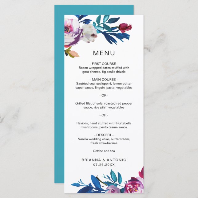Menu Vibrant Turquoise rose rose floral moderne Mariage (Devant / Derrière)
