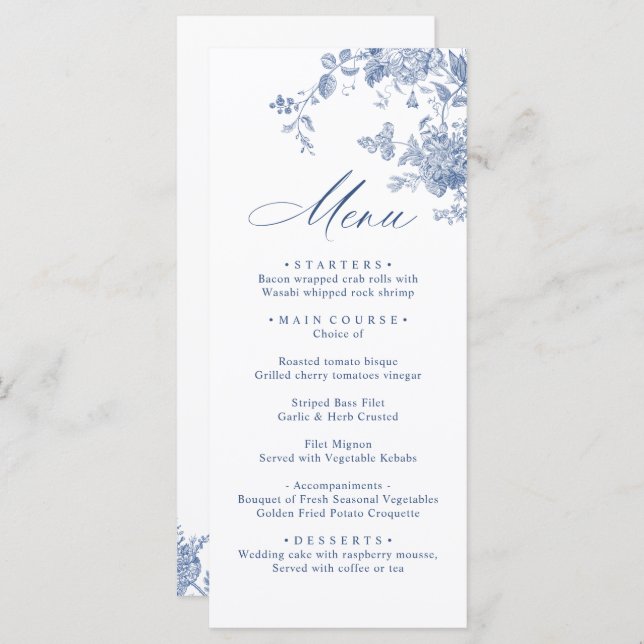 Menu Victorian Dusty Blue French Garden Floral Mariage (Devant / Derrière)