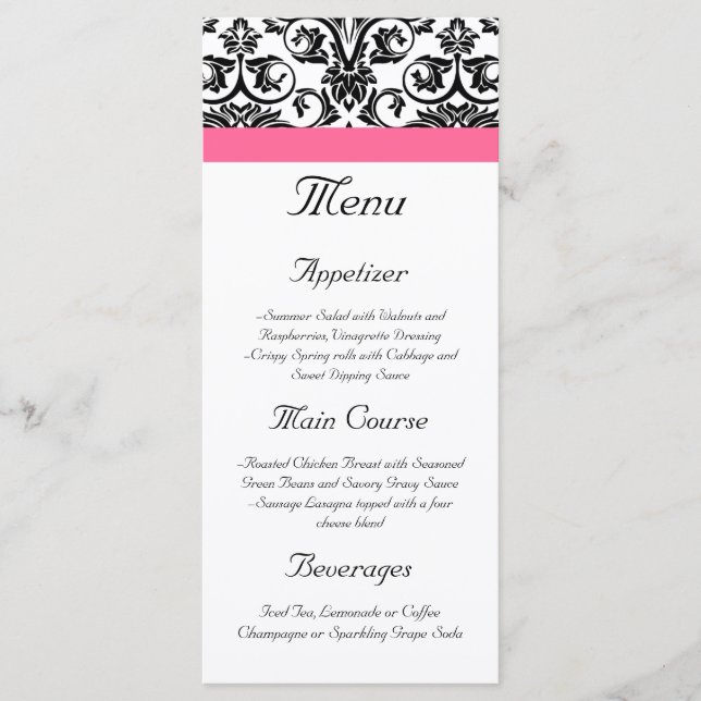 Menu Victorian Fuchsia Rose and White Damask (Devant)