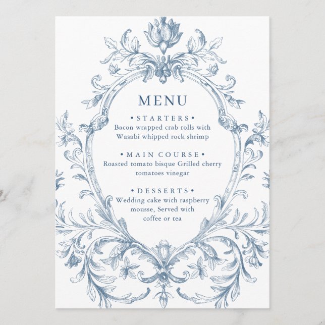 Menu Victorien Ornate Grace Floral Dusty Mariage bleu (Devant)