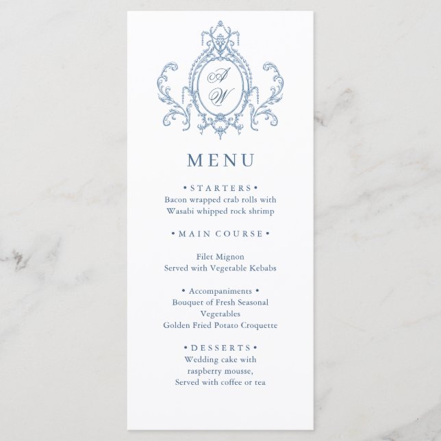 Menu Victorien Ornate Grace Floral Dusty Mariage bleu (Devant)
