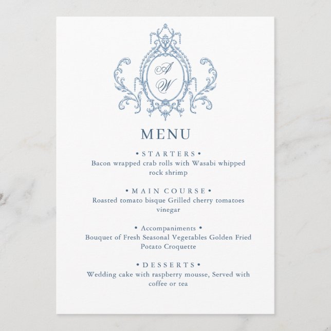 Menu Victorien Ornate Grace Floral Dusty Mariage bleu (Devant)
