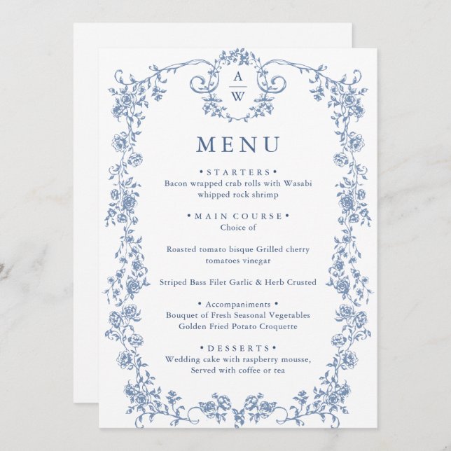 Menu Victorien Ornate Grace Floral Dusty Mariage bleu (Devant / Derrière)