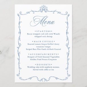 Menu Victorien Ornate Grace Floral Dusty Mariage bleu