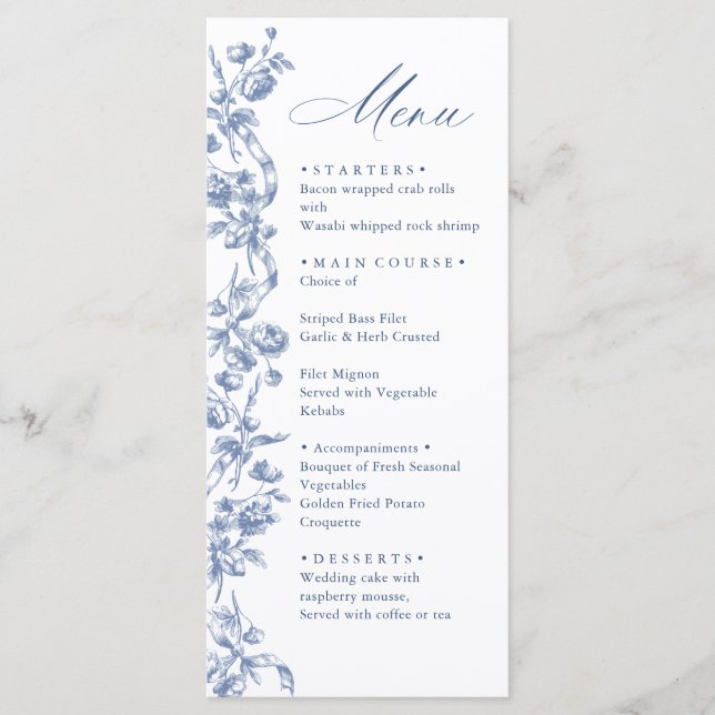 Menu Victorien Ornate Grace Floral Dusty Mariage bleu (Devant)