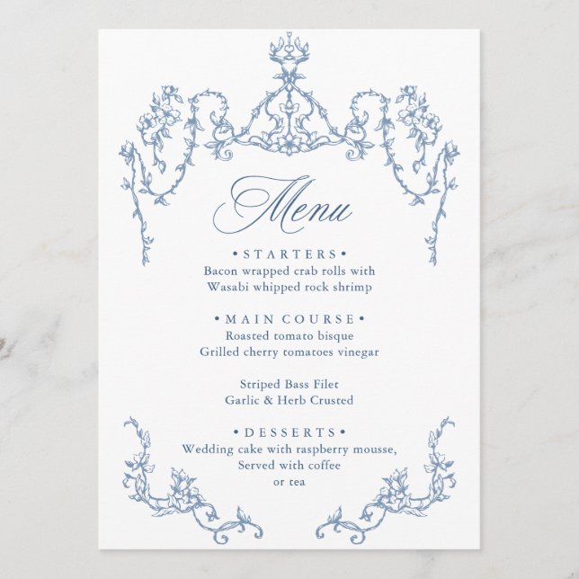 Menu Victorien Ornate Grace Floral Dusty Mariage bleu (Devant)