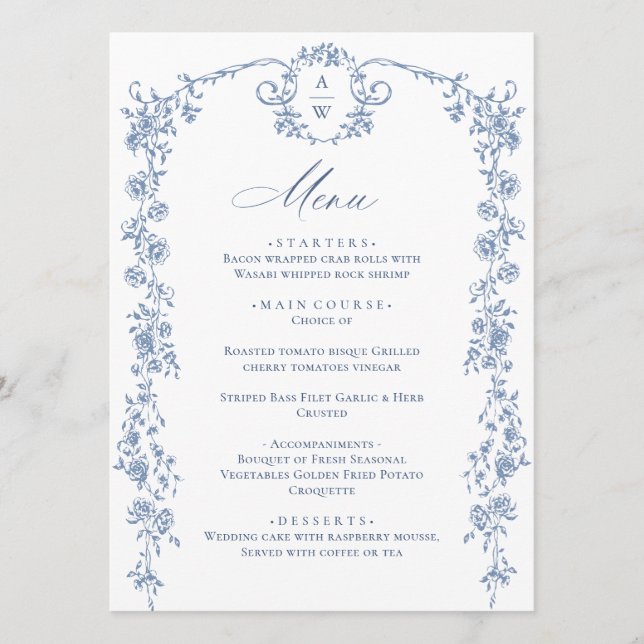 Menu Victorien Ornate Grace Floral Dusty Mariage bleu (Devant)