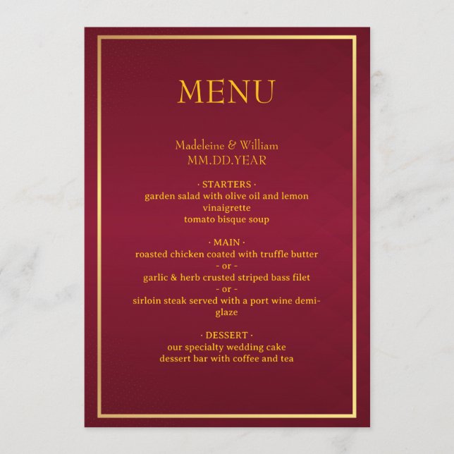 Menu Vieux Argent Bourgogne & Or Élégant (Devant)