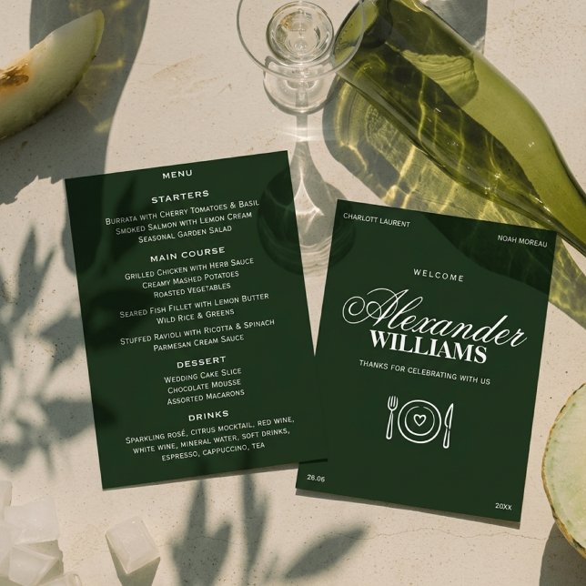 Menu Vieux Argent Élégant Vert foncé Chic Mariage (Créateur téléchargé)