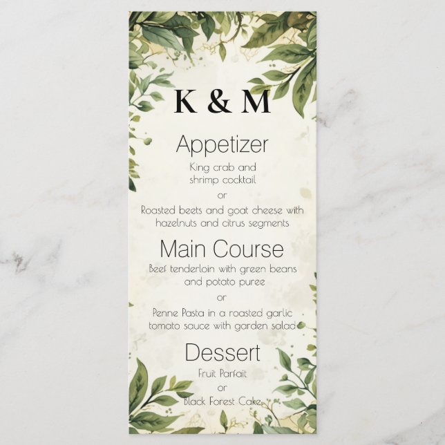 Menu Vignes à l'aquarelle Élégante verdure salle à mang (Devant)
