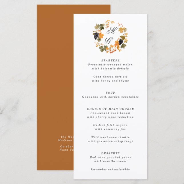 Menu Vignoble Monogram Fall Wreath Vineyard Mariage (Devant / Derrière)
