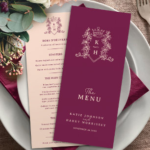 Menu Vin foncé rouge et mariage monogramme de couronne 