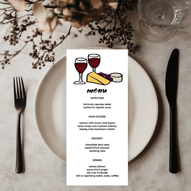 Menu Vin & Fromage Cute Doodle Croquis Moderne PERSONNA (Wine & Cheese Cute Doodle Sketch Modern CUSTOM Menu
)