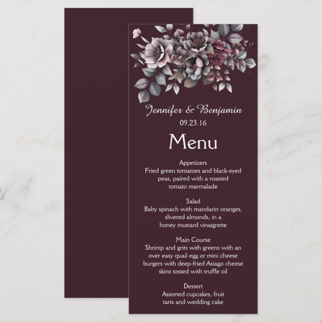 Menu Vin, Violet Poussiéreux, Mariage Sombre de Teal | (Devant / Derrière)