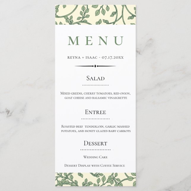 Menu Vintage anglais Green Ivy Motif Mariage (Devant)