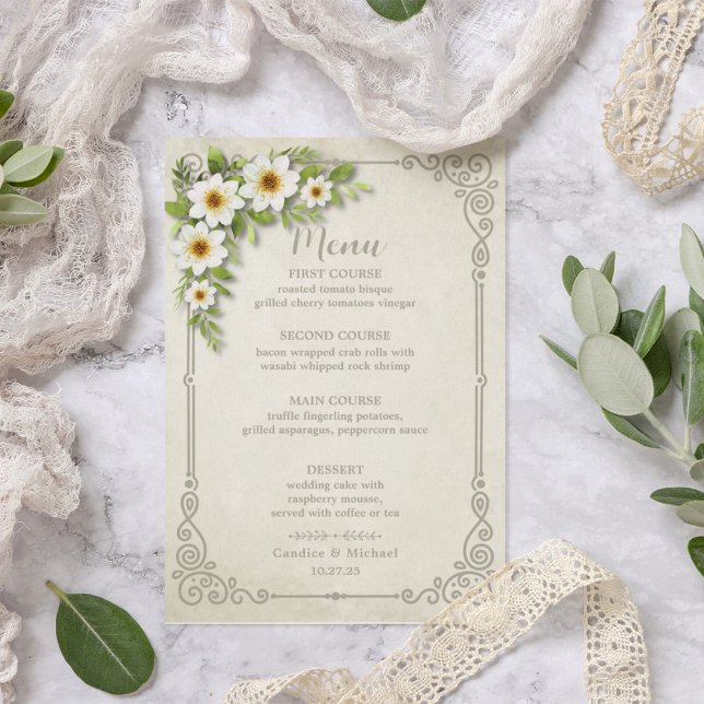 Menu Vintage blanc marguerite Floral romantique Rustiqu (Créateur téléchargé)