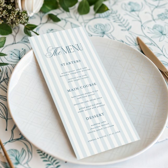 Menu Vintage Blue Stripes Timeless Luxe Script Wedding (Créateur téléchargé)