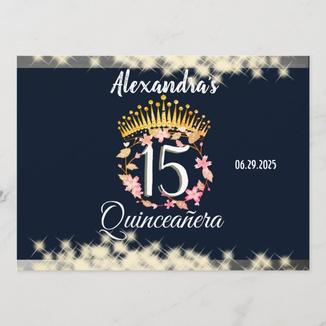 Menu Vintage Boho Navy Silver Quinceañera (espagnol) (Devant)