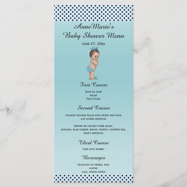 Menu vintage de baby shower de prince pois (Devant)