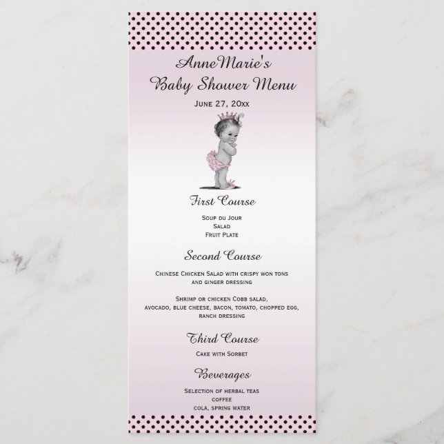 Menu vintage de baby shower de princesse pois (Devant)