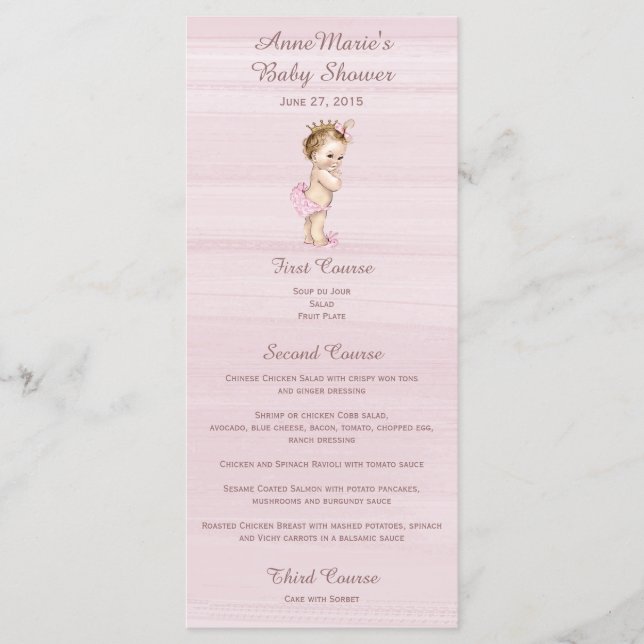 Menu vintage de princesse baby shower (Devant)