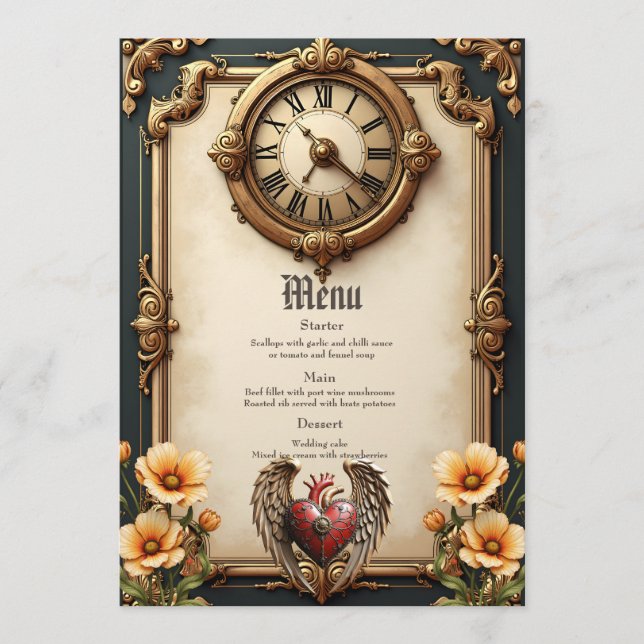 Menu Vintage elegance: an elegant clock and heart. (Devant)