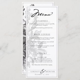 Menu Vintage Floral Black & White Romantic Wedding