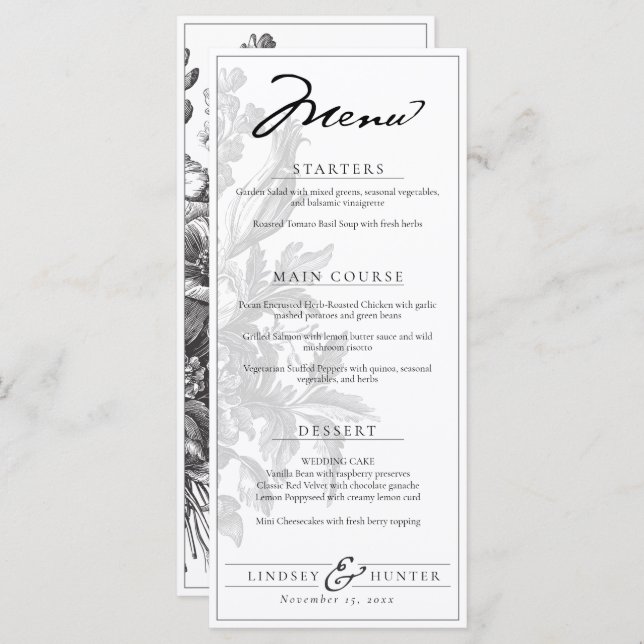 Menu Vintage Floral Black & White Romantic Wedding (Devant / Derrière)