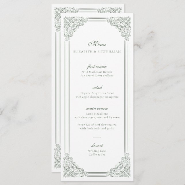 Menu vintage Mariage Cadre Vert Muet + Merci (Devant / Derrière)