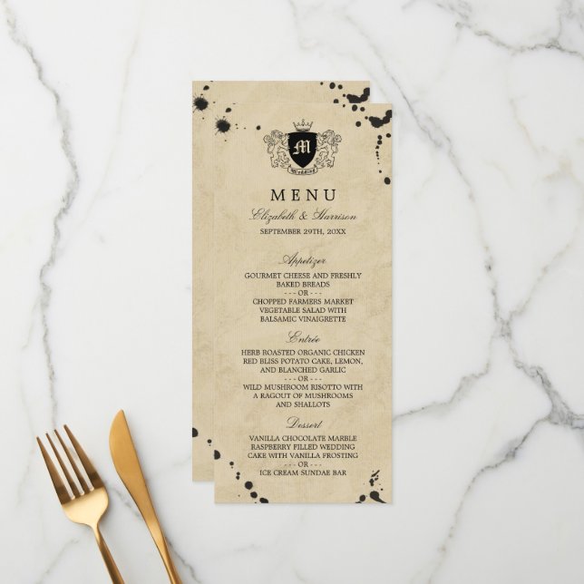 Menu vintage Monogram & Ink Stain Mariage (Devant/Arrière en situation)