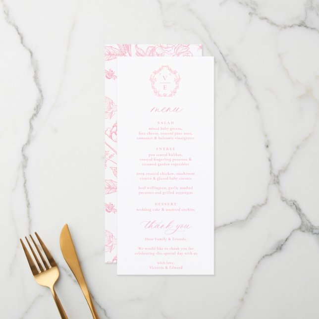 Menu Vintage Monogramme rose poitrine Mariage floral (Devant/Arrière en situation)