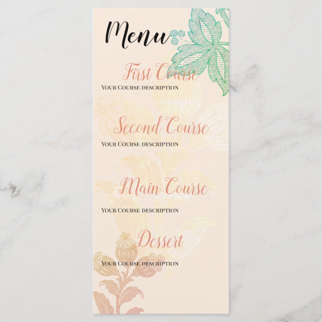 Menu Vintage Pastel Floral Pêche Mariage vert (Devant)