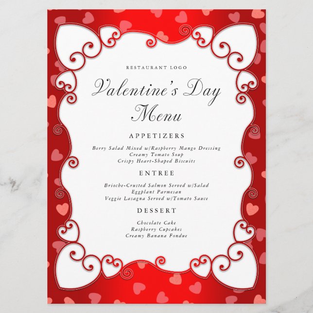 Menu Vintage Red Valentine's Day Coeurs roses frontière (Devant)