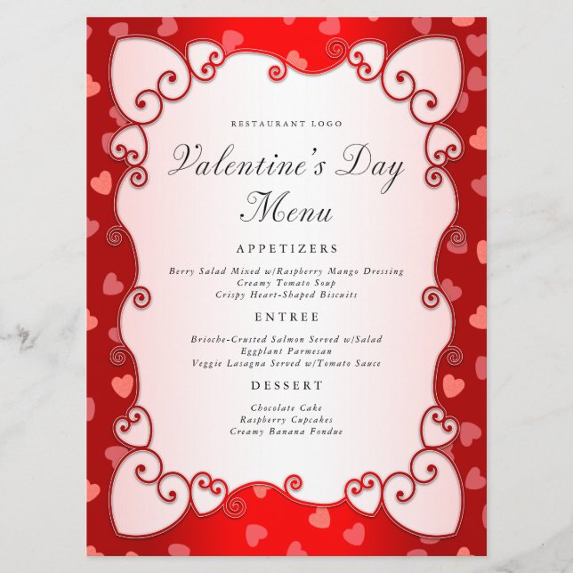 Menu Vintage Red Valentine's Day Coeurs roses frontière (Devant)