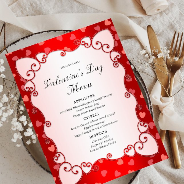 Menu Vintage Red Valentine's Day Coeurs roses frontière (Créateur téléchargé)
