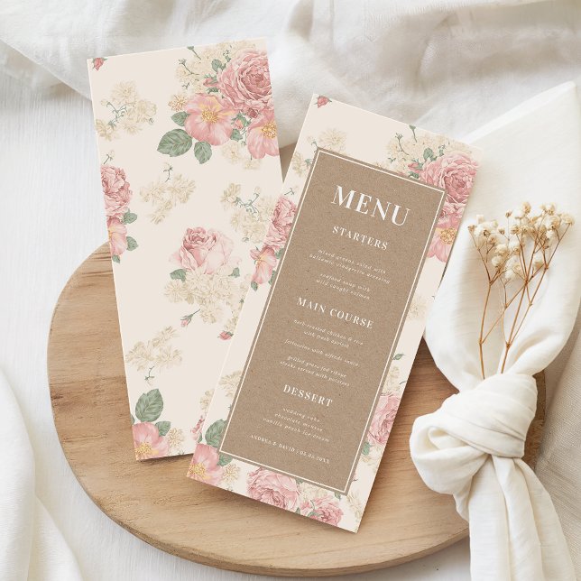 Menu Vintage Rose Garden Floral & Kraft Wedding (Créateur téléchargé)